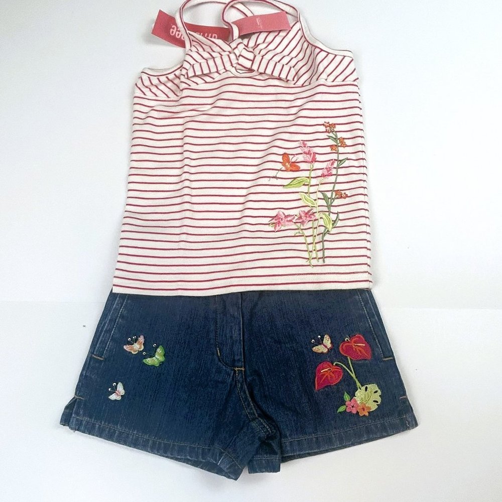 NWT Gymboree Girl Butterfly Denim Short & Striped Embroidered Tank Size 5